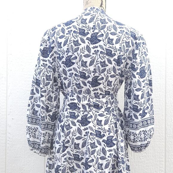 Boden Addie Linen Midi Dress US6R Blue Bird Floral Belt Pocket Block Resort Boho - Picture 9 of 16